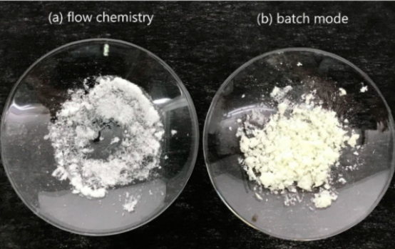 ( a ) 流動化學和 ( b ) 分批模式生產的 TNT 。流動化學樣品為白色,而批處理模式樣品因雜質而呈黃色。 ( a ) 流動化學和 ( b ) 分批模式生產的 TNT 。流動化學樣品為白色,而批處理模式樣品因雜質而呈黃色。