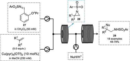 圖12. 氨基化合物29通過氮丙啶28的伸縮合成 圖12. 氨基化合物29通過氮丙啶28的伸縮合成