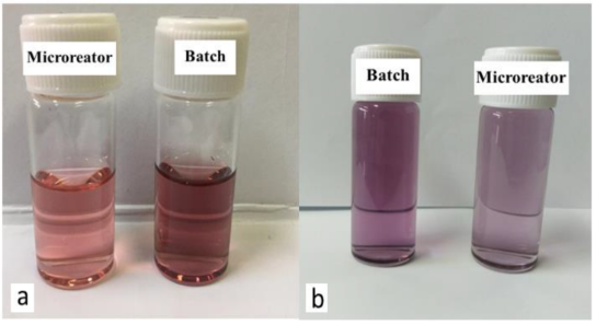 圖2.( a ) 在微反應器中制備的 GNP 樣品的顏色，HAuCl 4濃度為 0.7 mM。( b ) 初始 HAuCl 4濃度為 2 mM。