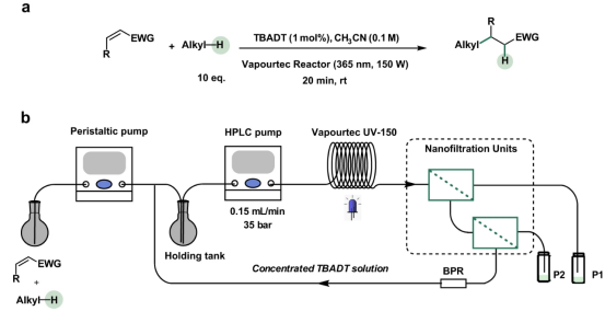 圖1、基于多級納濾的連續流系統用于TBADT回收的流程圖.(EWG:吸電子基團,BPR:背壓調節劑。 圖1、基于多級納濾的連續流系統用于TBADT回收的流程圖.(EWG:吸電子基團,BPR:背壓調節劑。