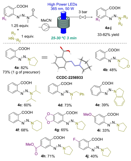 流動中三嗪形成的范圍。 一般條件：50?W，3.33?mL/min，停留時間：3?min.，1.25?當量。 MeCN (0.1?M) 中的前體。