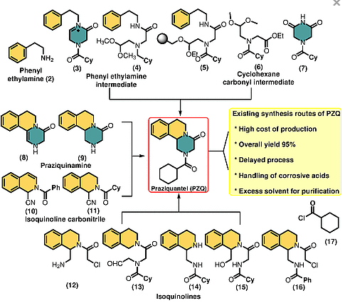 圖1使用不同關鍵中間體的PZQ制備方法示意圖