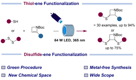 通過硫醇和二硫化物連續流光化學加成在氮雜環丁烷環上形成C-S鍵 通過硫醇和二硫化物連續流光化學加成在氮雜環丁烷環上形成C-S鍵
