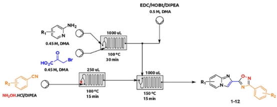 圖6.通過芳基腈和羧酸的連續微反應器序列合成1,2,4-惡二唑 圖6.通過芳基腈和羧酸的連續微反應器序列合成1,2,4-惡二唑