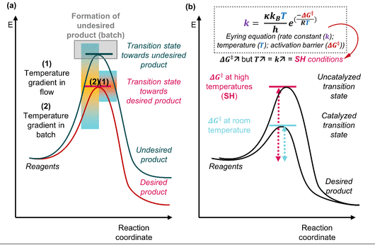 圖(a) 流動中的熱分布與批次中的熱分布。(b) SH條件下的活化與催化條件下活化的比較。 圖(a) 流動中的熱分布與批次中的熱分布。(b) SH條件下的活化與催化條件下活化的比較。